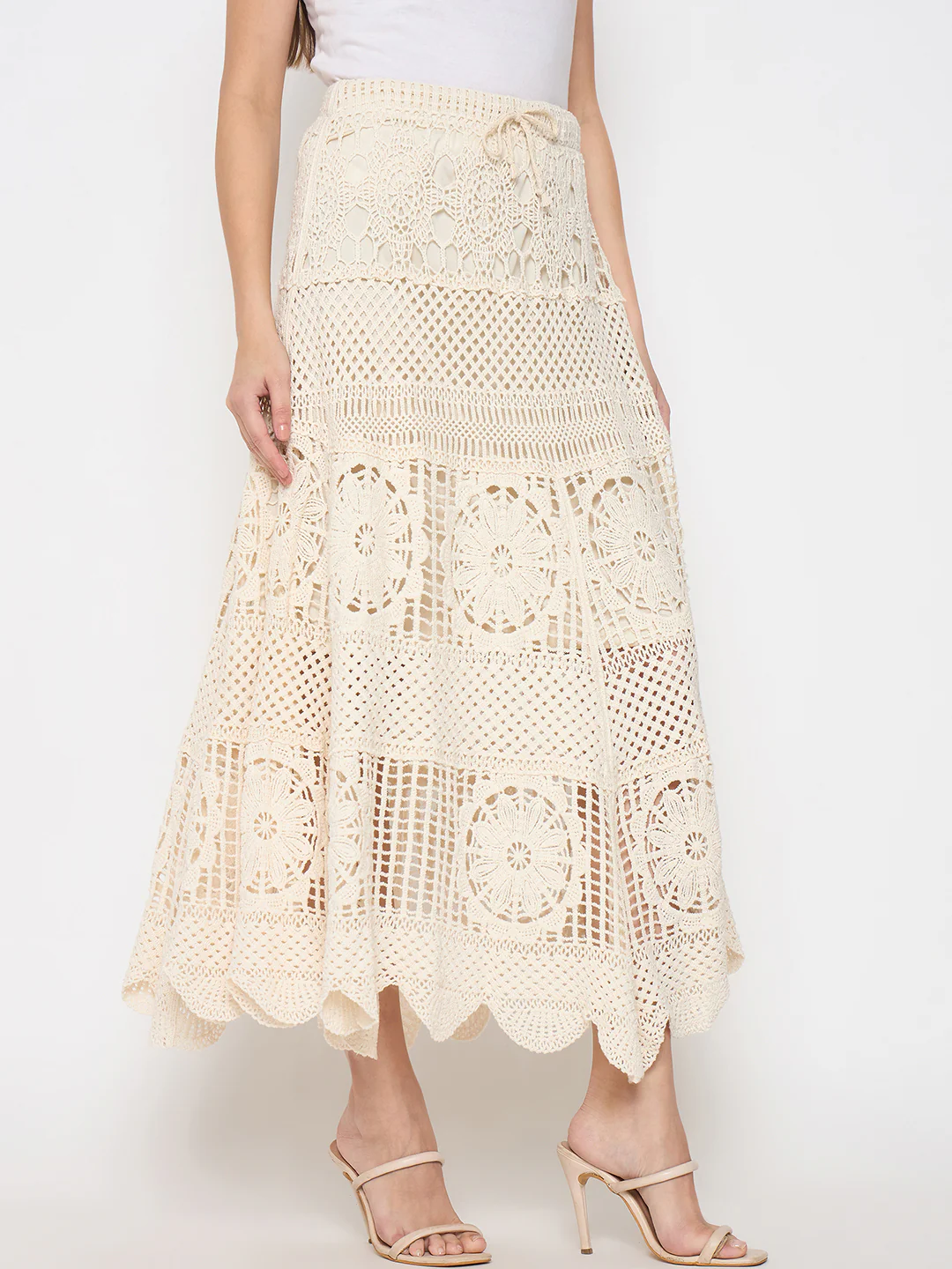Madame Cotton Crochet Lace Tiered Beige Maxi Skirt - Image 4