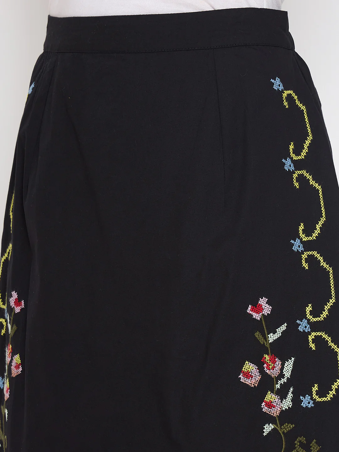 Madame Floral Embroidered Black Cotton Mini Skirt - Image 2
