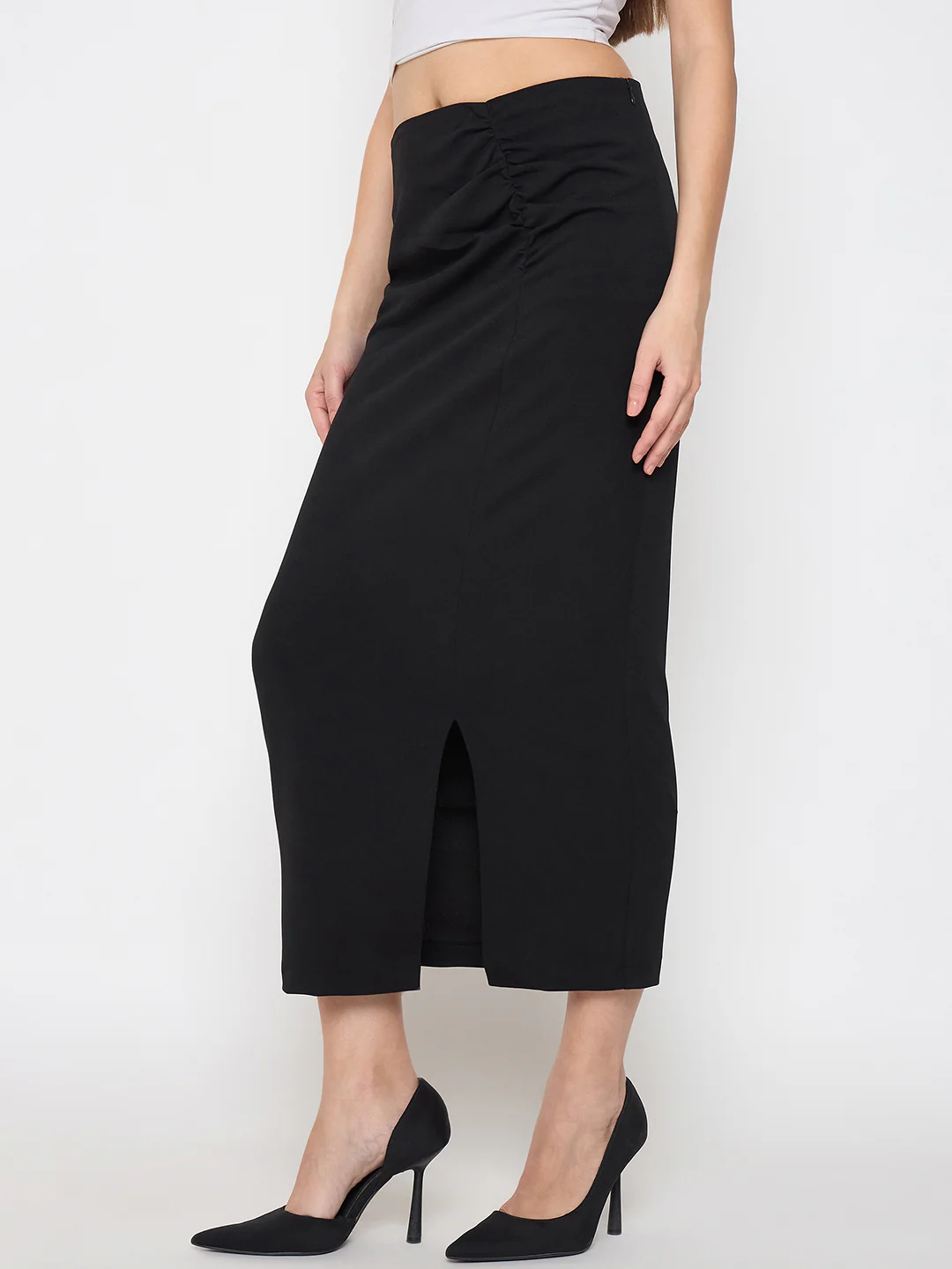 Madame Ruched Solid Black Pencil Skirt - Image 5
