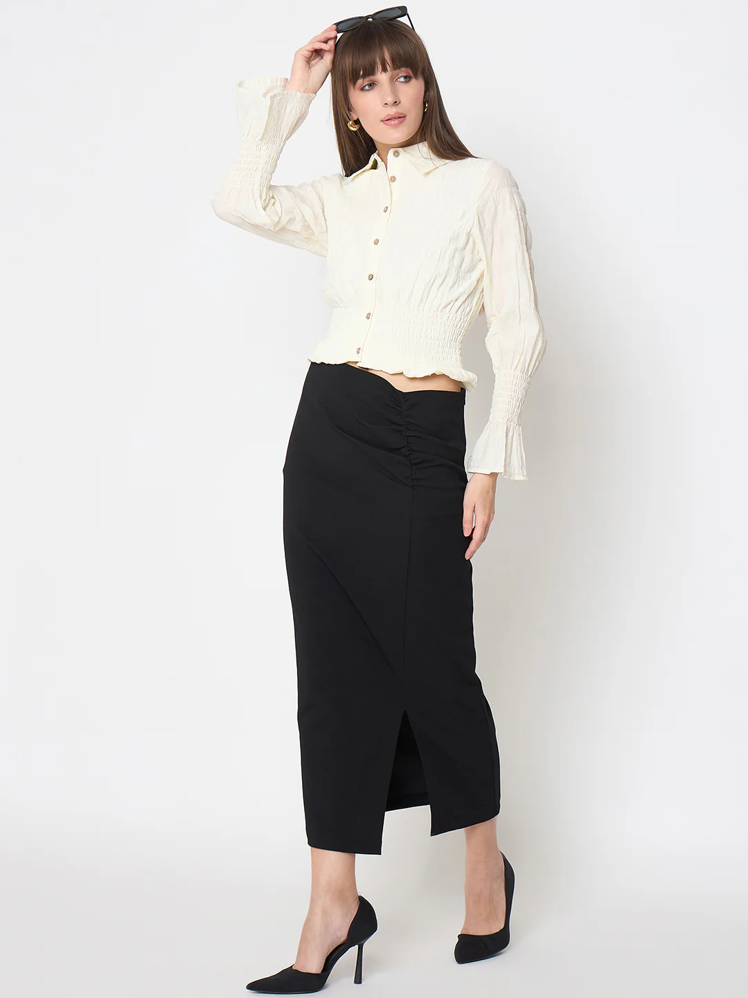 Madame Ruched Solid Black Pencil Skirt - Image 7