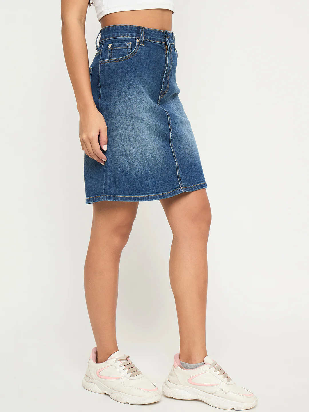 Madame Stone Wash Mid Blue Cotton Blend Mini Denim Skirt - Image 3