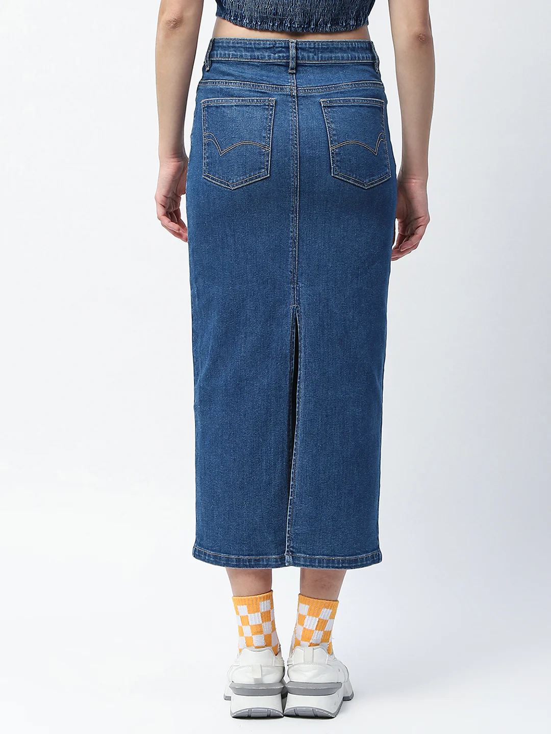Madame Solid Mid Blue Cotton Blend Maxi Denim Skirt - Image 5