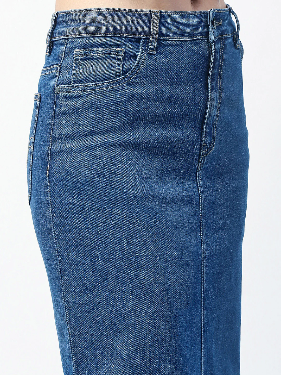 Madame Solid Mid Blue Cotton Blend Maxi Denim Skirt - Image 7