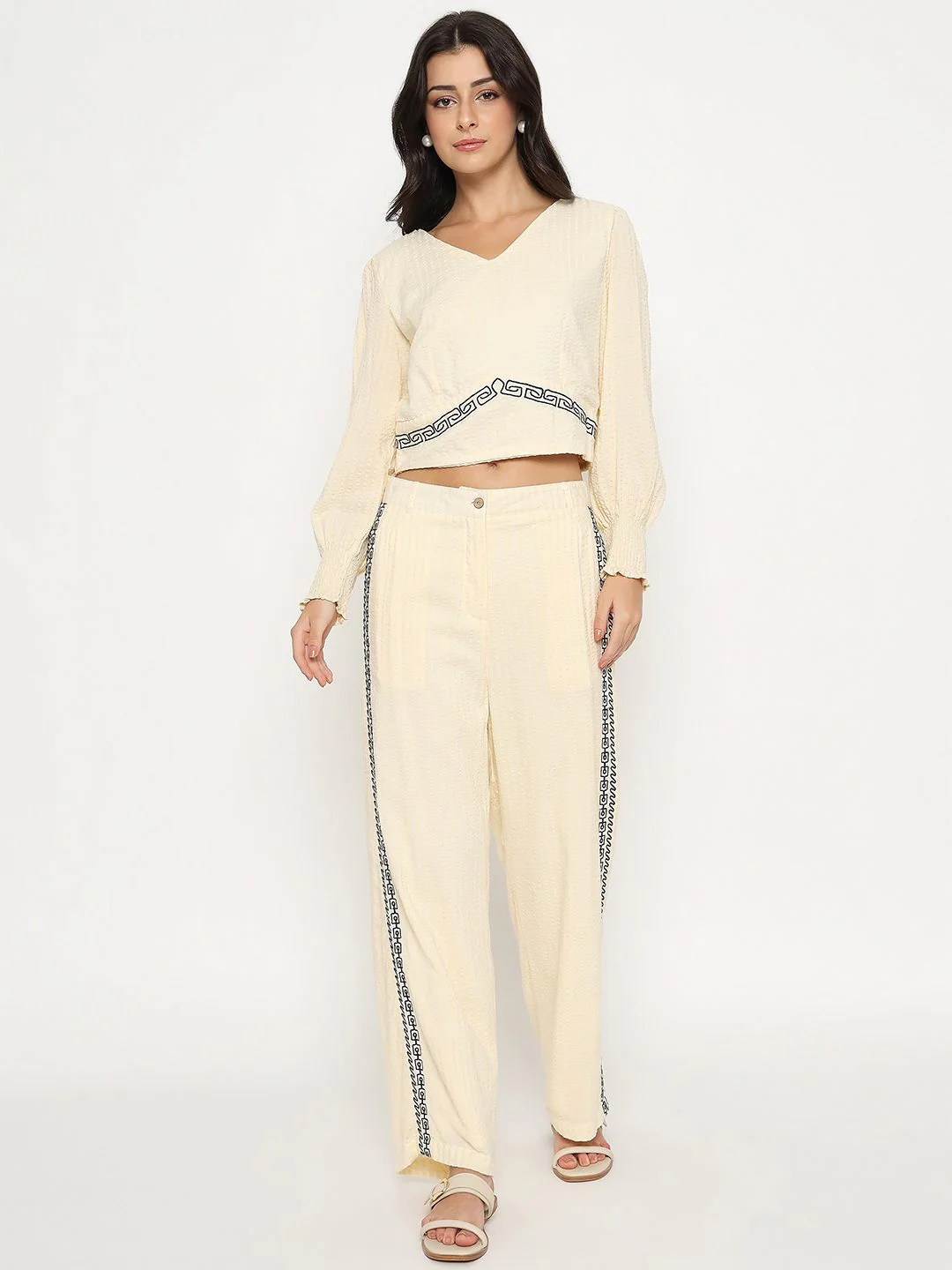Madame Embroidered Top and Bottom Textured Beige Co-ord Set - Image 3