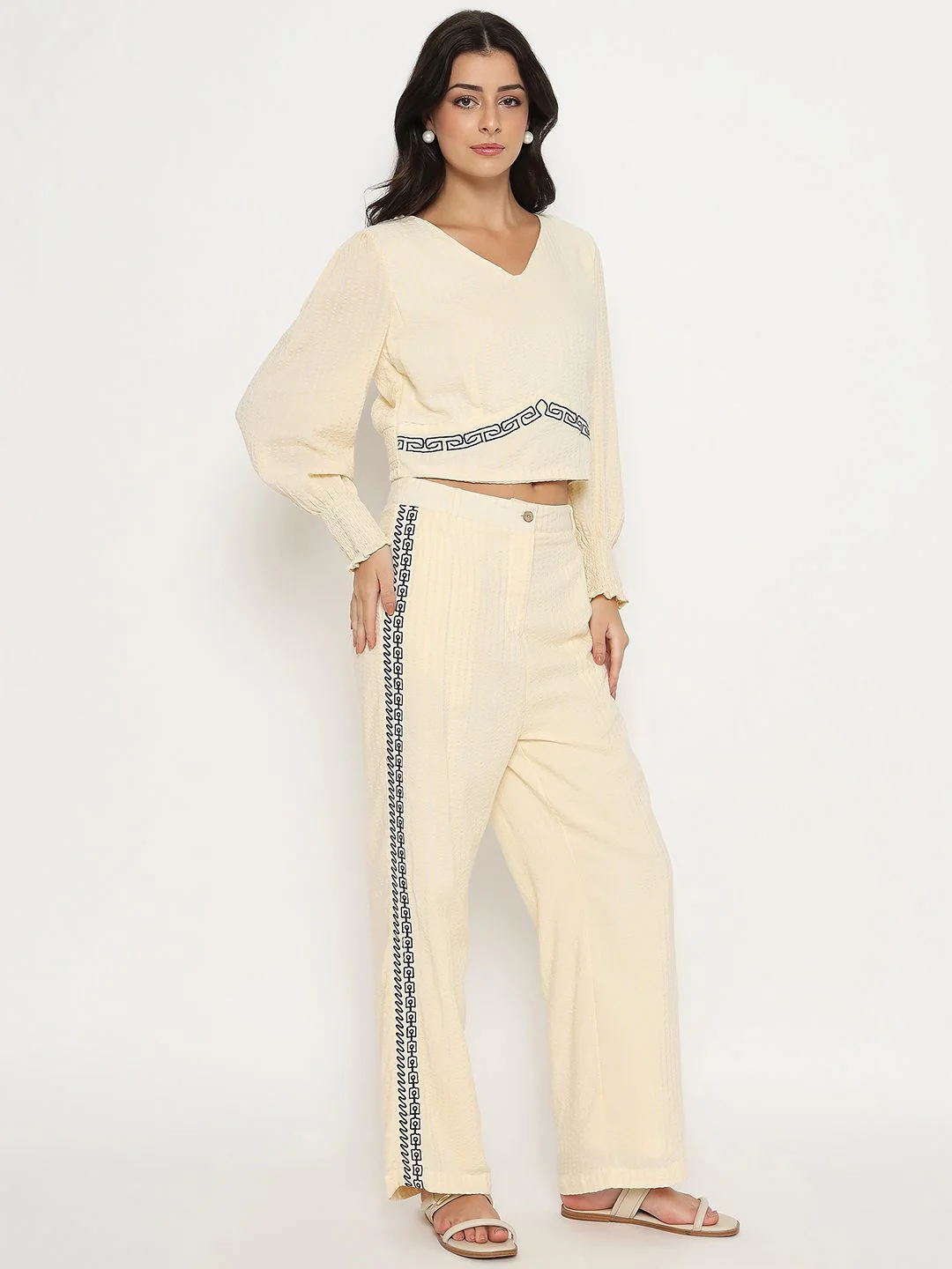 Madame Embroidered Top and Bottom Textured Beige Co-ord Set - Image 4