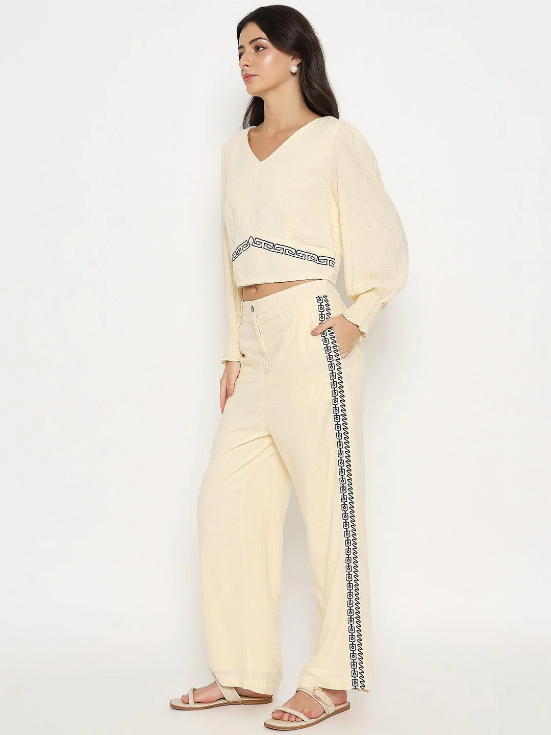 Madame Embroidered Top and Bottom Textured Beige Co-ord Set - Image 5