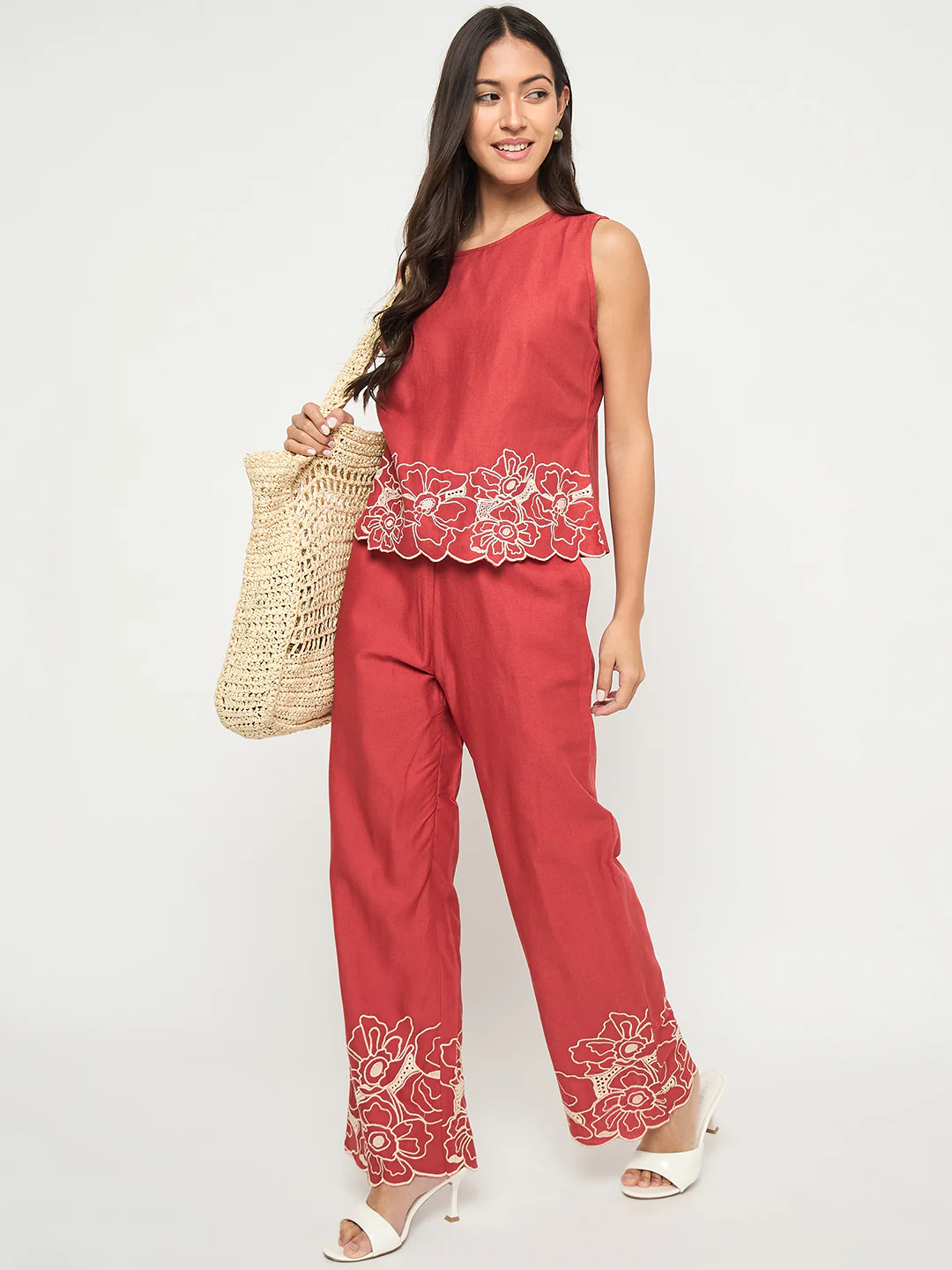 Madame Floral Embroidered Hem Top and Bottom Rust Red Co-ord Set - Image 2