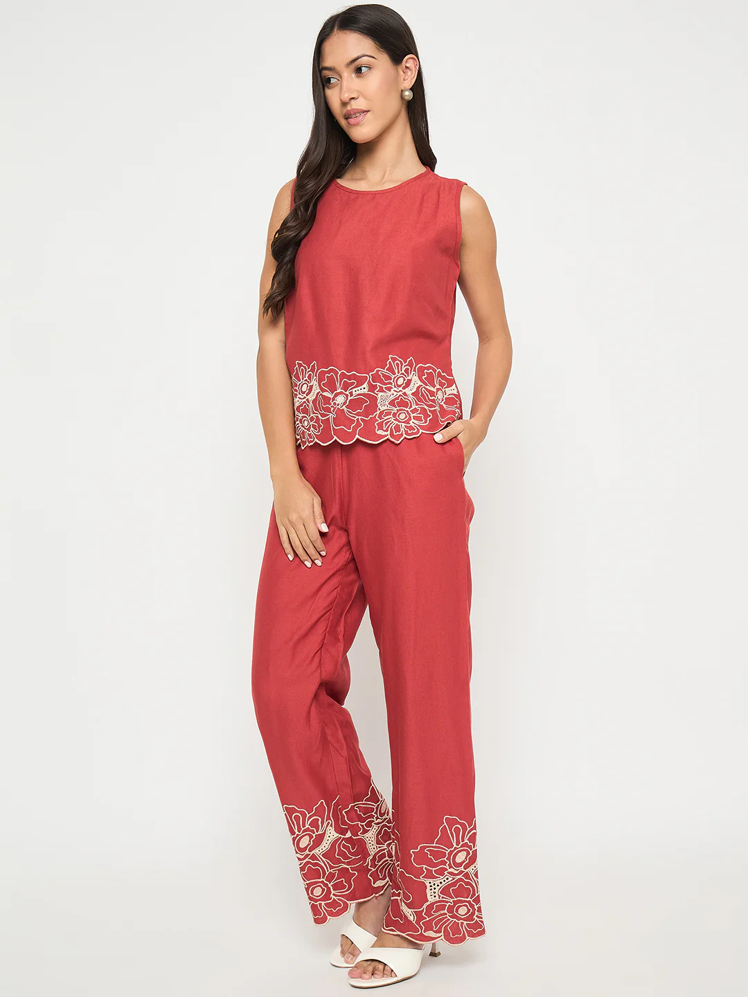 Madame Floral Embroidered Hem Top and Bottom Rust Red Co-ord Set - Image 3