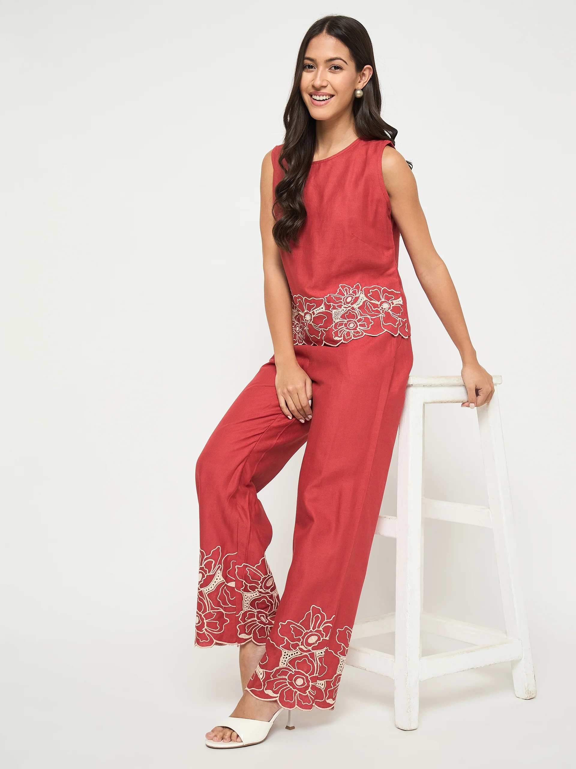 Madame Floral Embroidered Hem Top and Bottom Rust Red Co-ord Set - Image 4