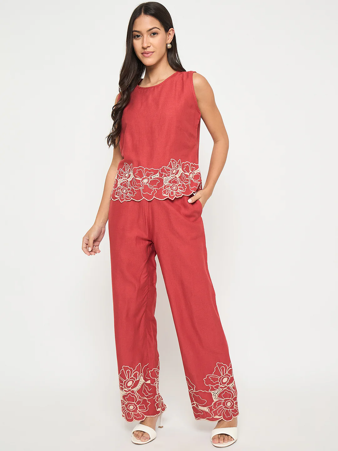 Madame Floral Embroidered Hem Top and Bottom Rust Red Co-ord Set - Image 5