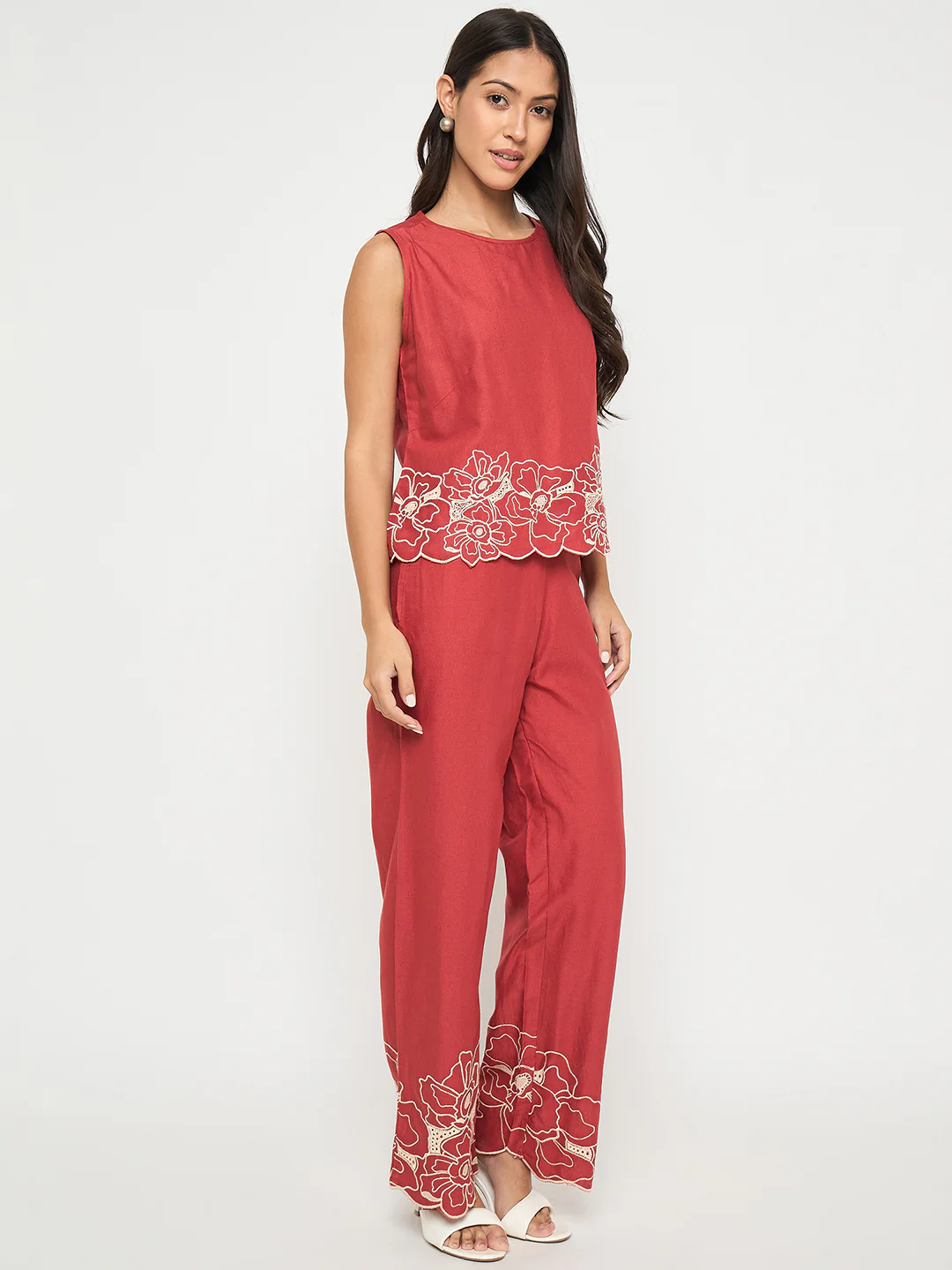 Madame Floral Embroidered Hem Top and Bottom Rust Red Co-ord Set - Image 6