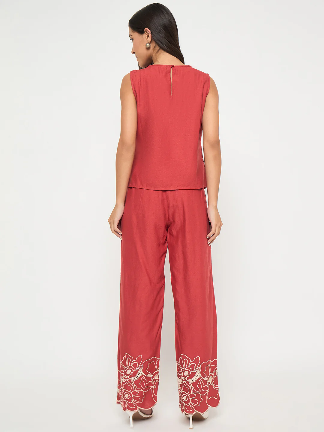 Madame Floral Embroidered Hem Top and Bottom Rust Red Co-ord Set - Image 7