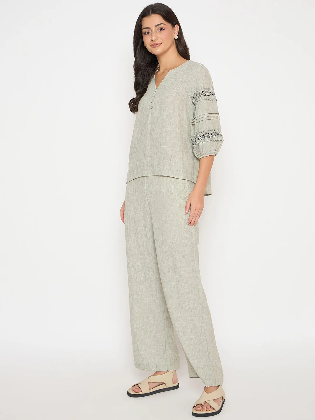 Madame Lace Inserted Top and Bottom Green Co-ord Set - Image 5