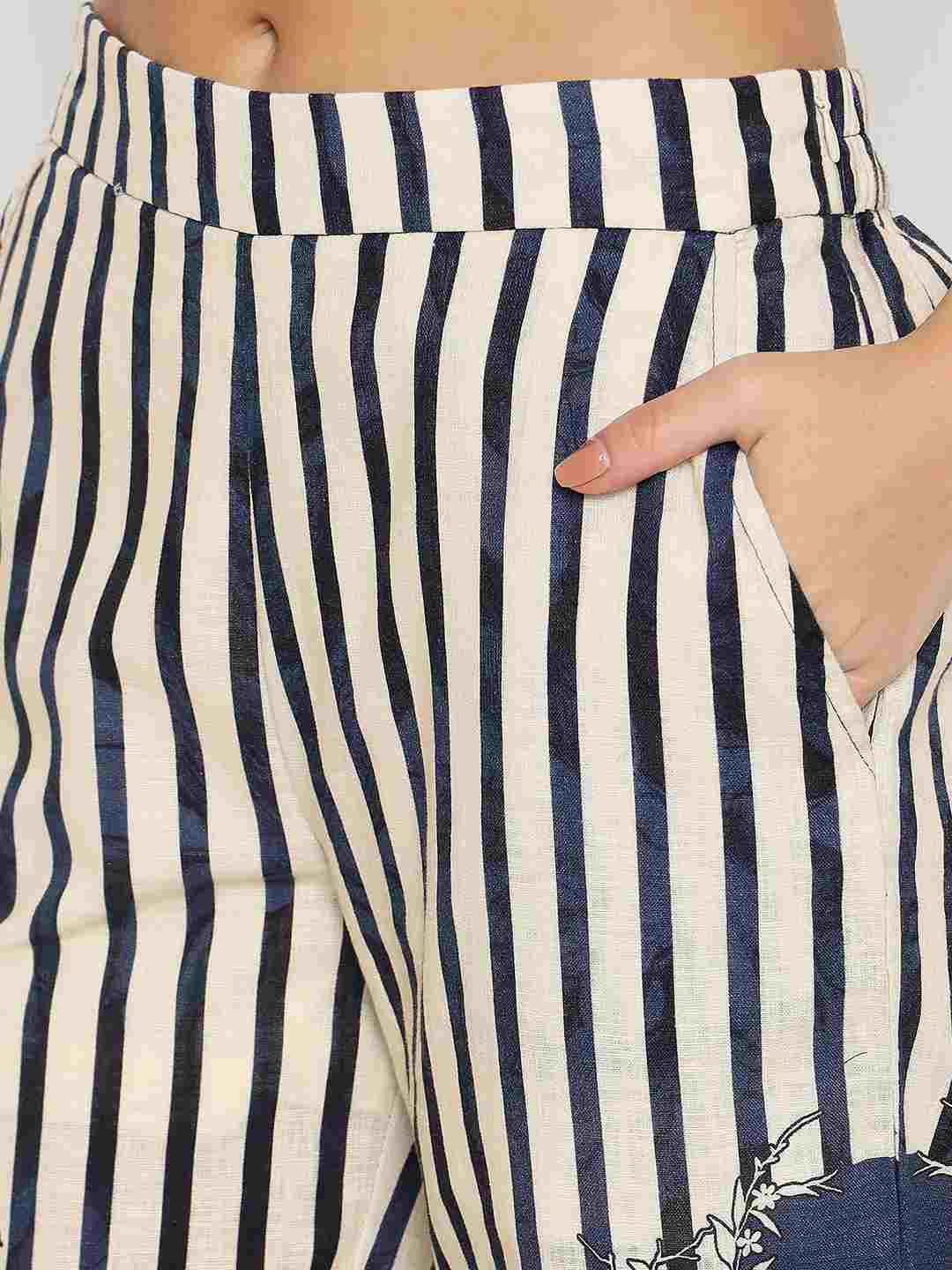 Madame Floral Print Top and Bottoms Striped Navy Blue Co-ord Set - Image 7