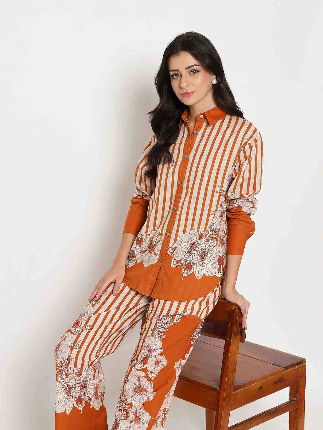 Madame Floral Print Top and Bottoms Striped Rust Red Co-ord Set - Image 2