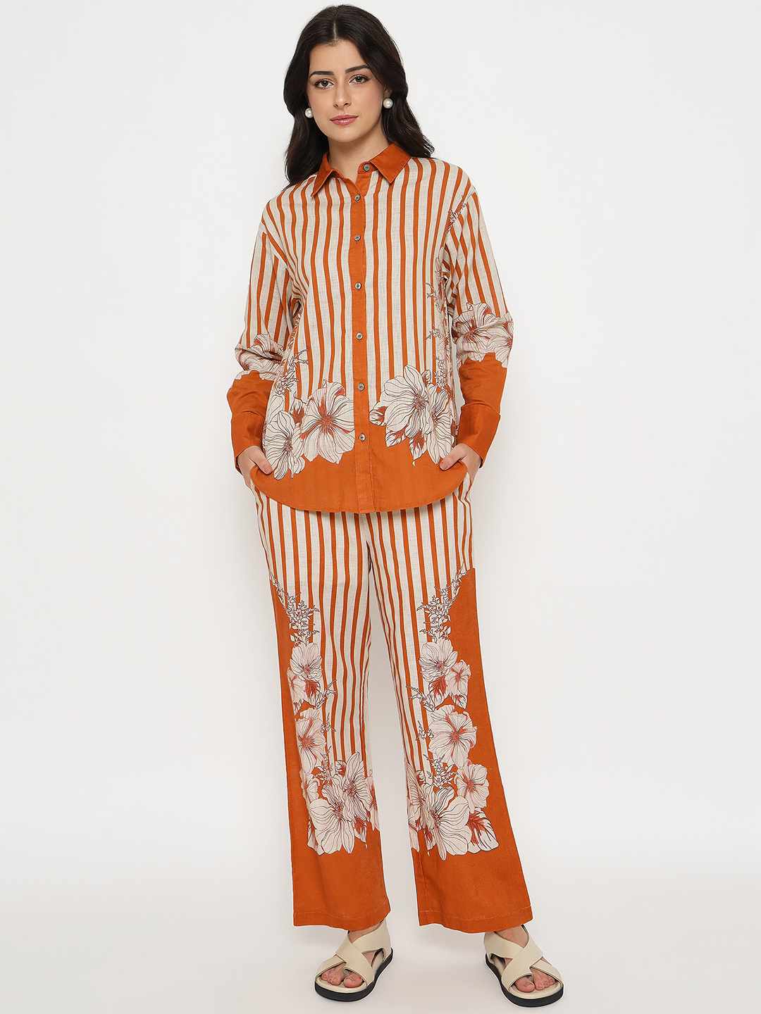 Madame Floral Print Top and Bottoms Striped Rust Red Co-ord Set - Image 3
