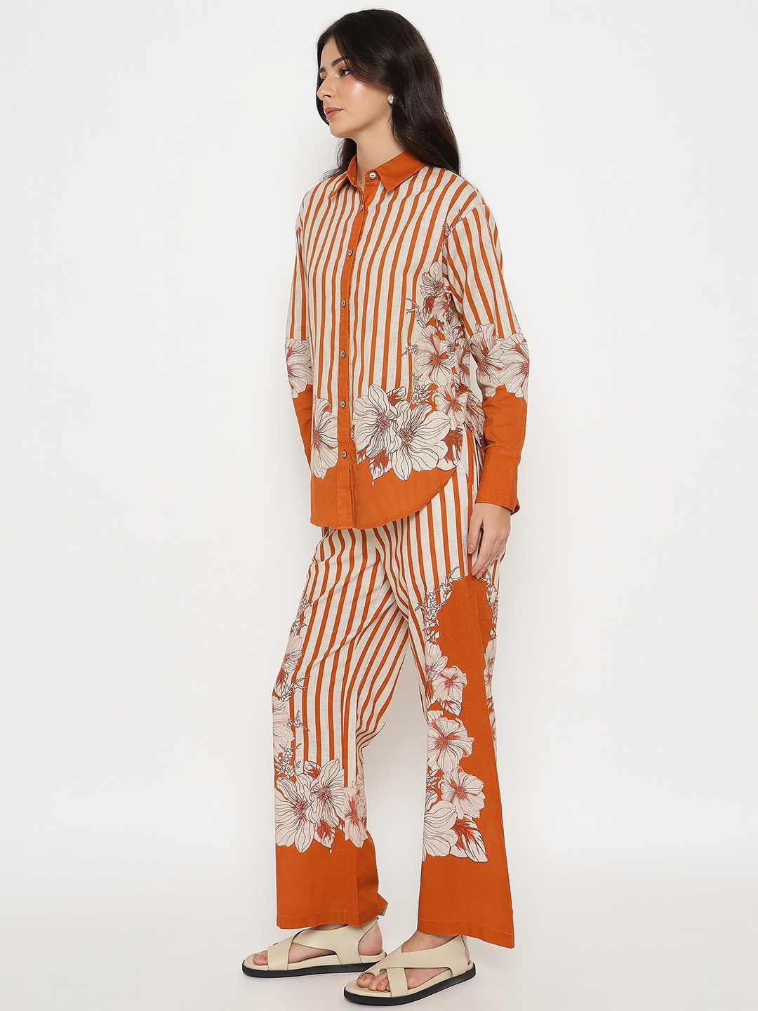 Madame Floral Print Top and Bottoms Striped Rust Red Co-ord Set - Image 5