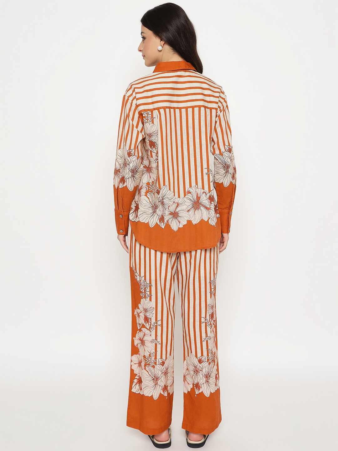 Madame Floral Print Top and Bottoms Striped Rust Red Co-ord Set - Image 6