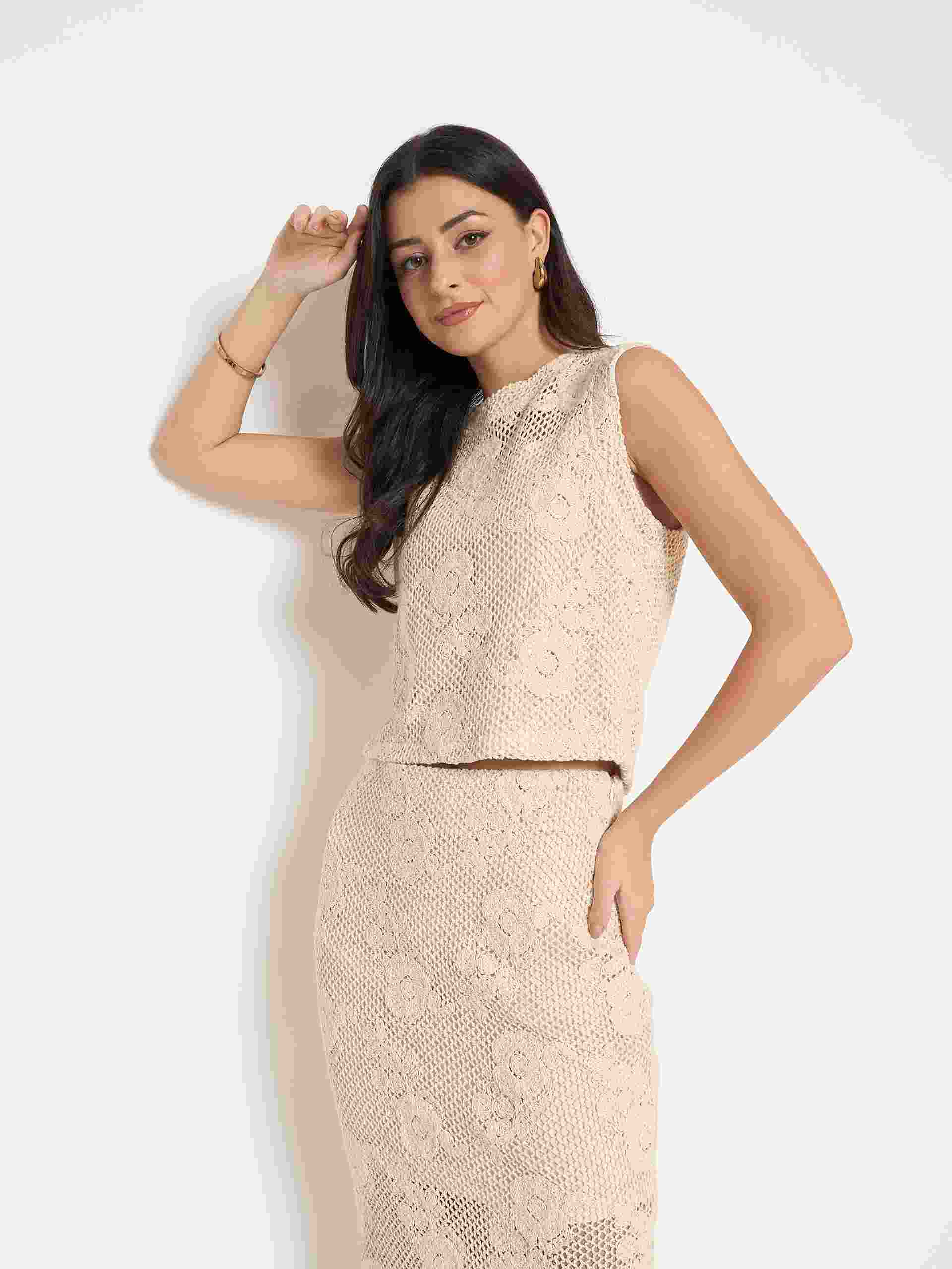 Madame Floral Lace Top and Midi Skirt Beige Co-ord Set - Image 2