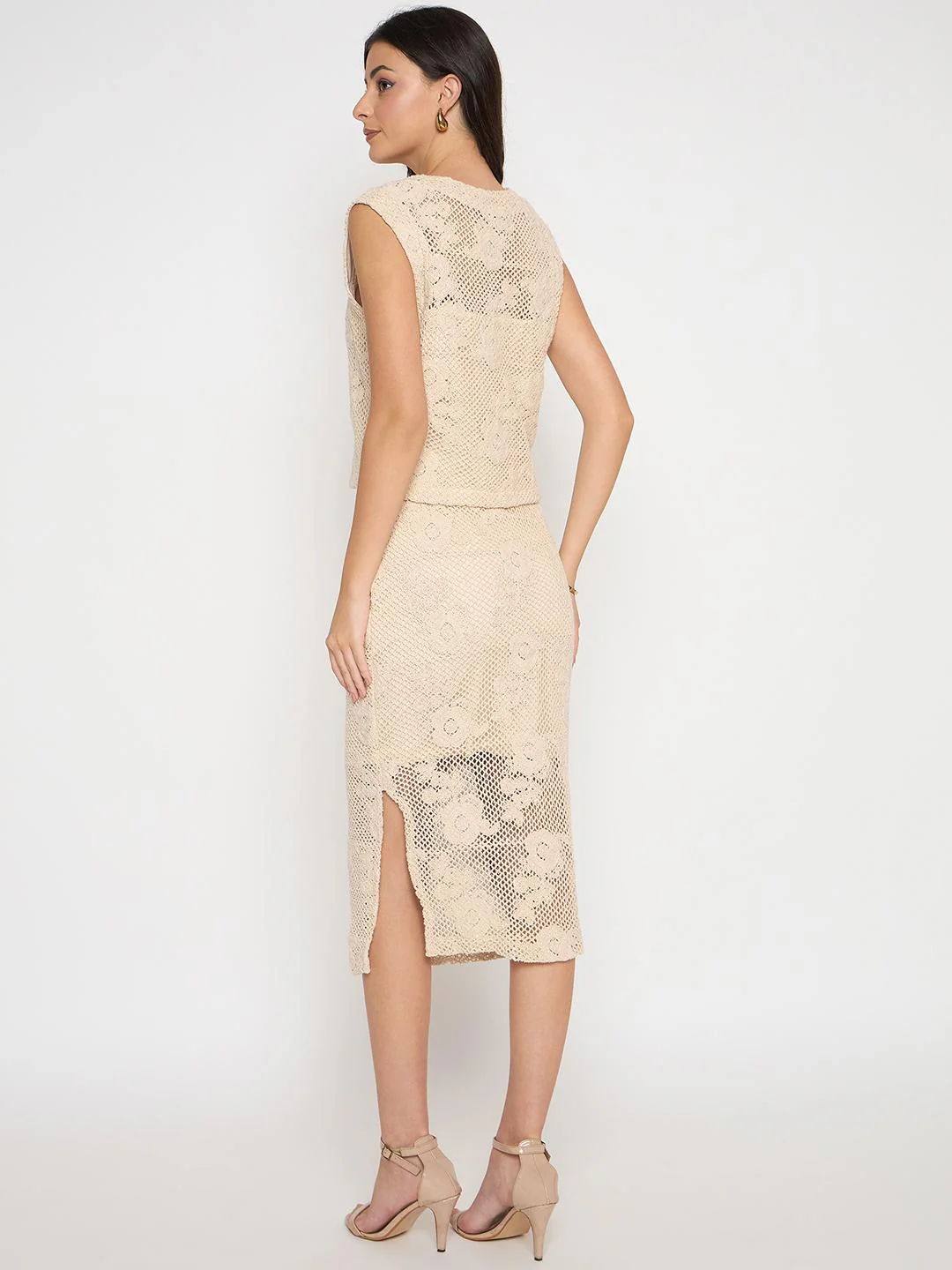 Madame Floral Lace Top and Midi Skirt Beige Co-ord Set - Image 6