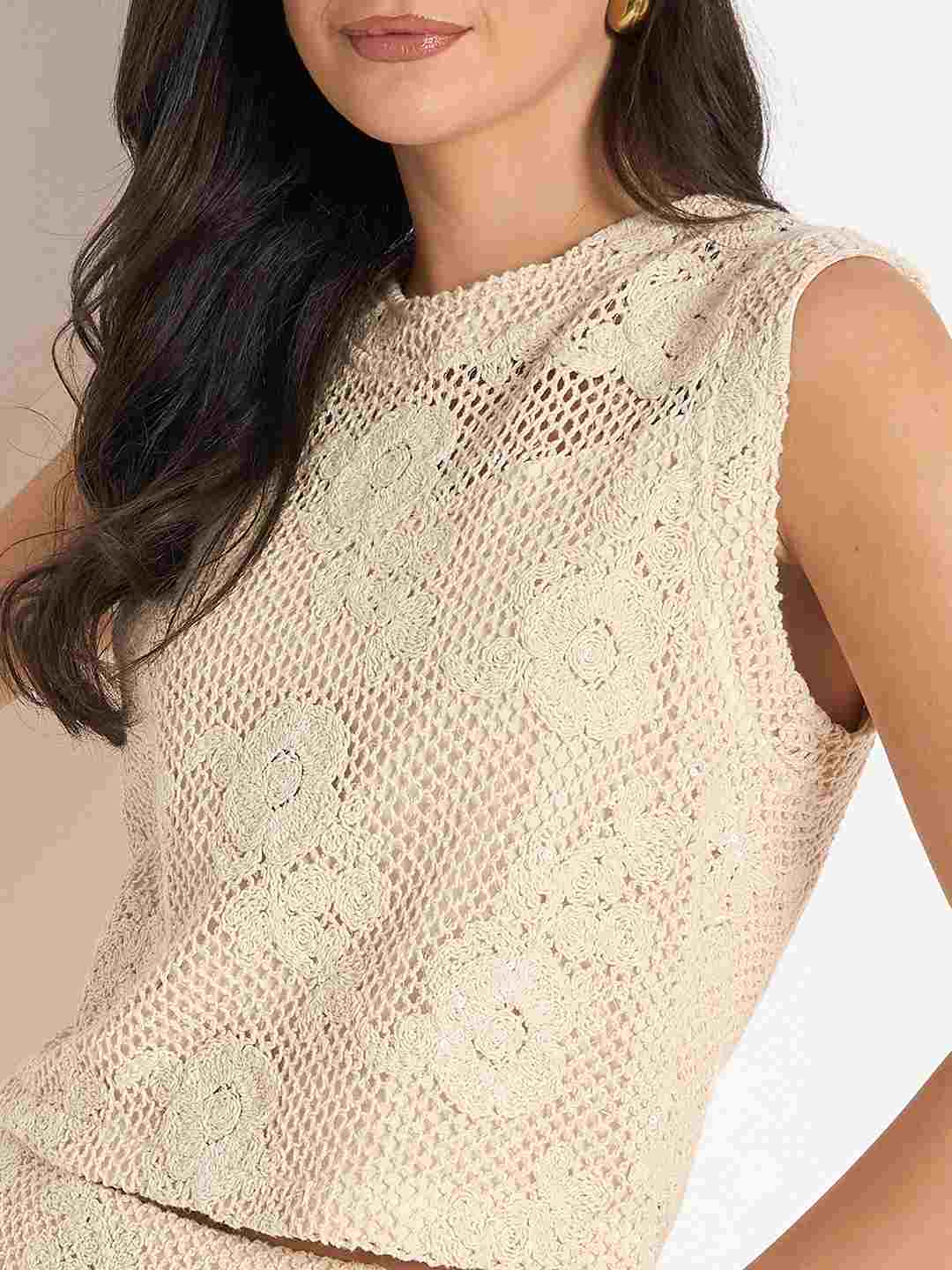 Madame Floral Lace Top and Midi Skirt Beige Co-ord Set - Image 8