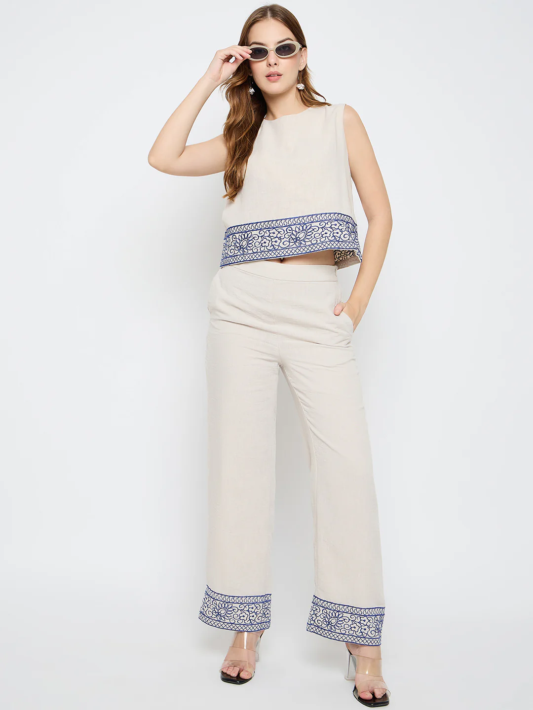 Madame Embroidered Top and Straight Bottoms Stone Grey Co-ord Set - Image 2