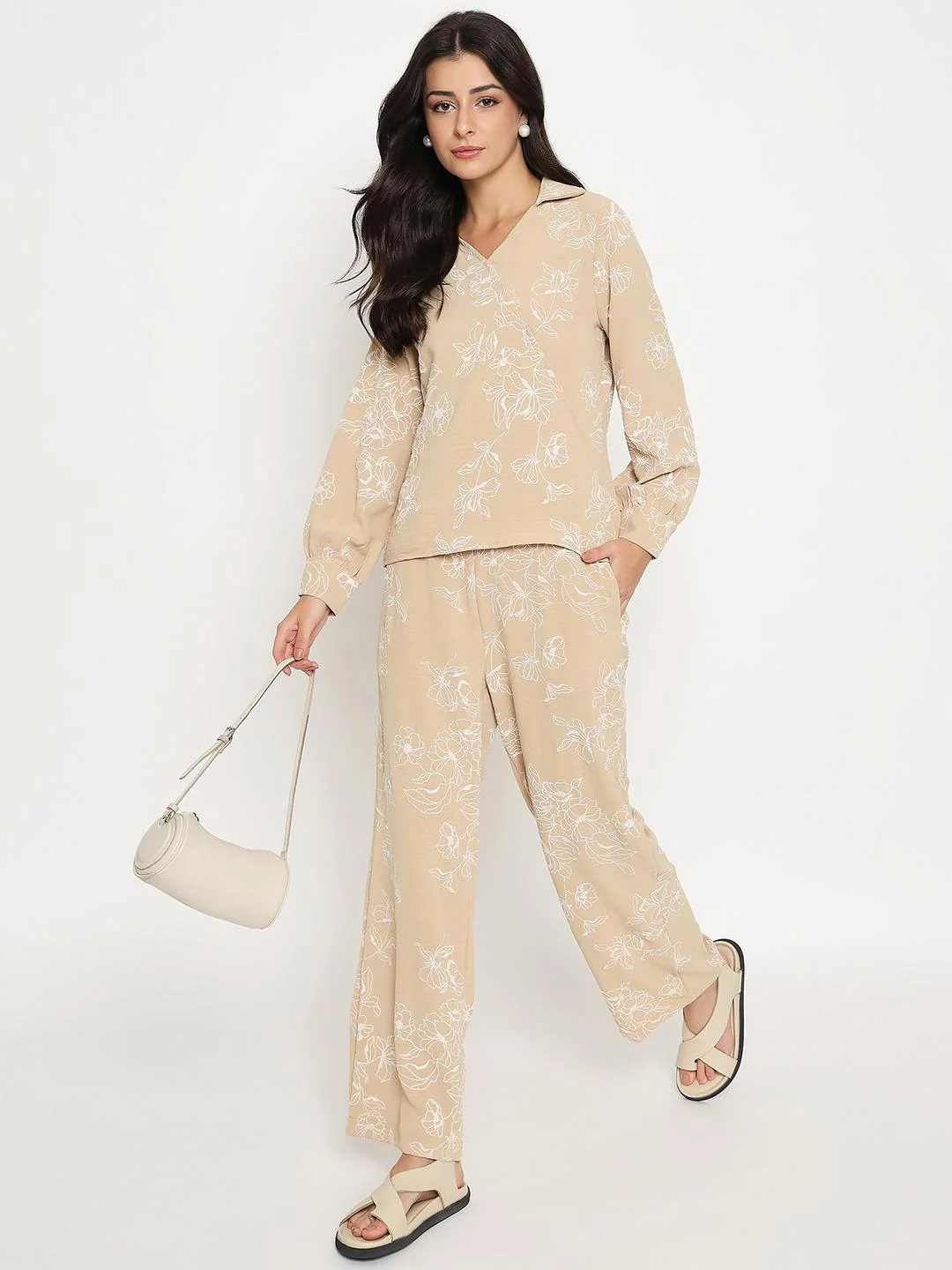Madame Floral Print Top and Bottoms Beige Co-ord Set