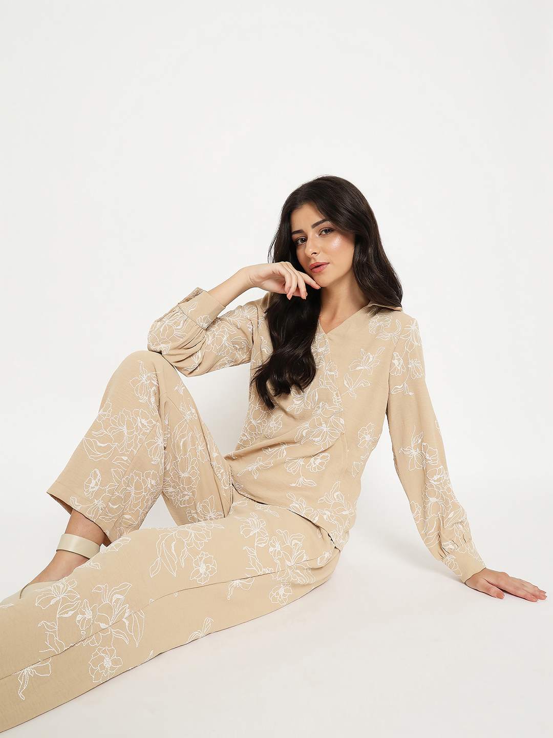 Madame Floral Print Top and Bottoms Beige Co-ord Set - Image 2
