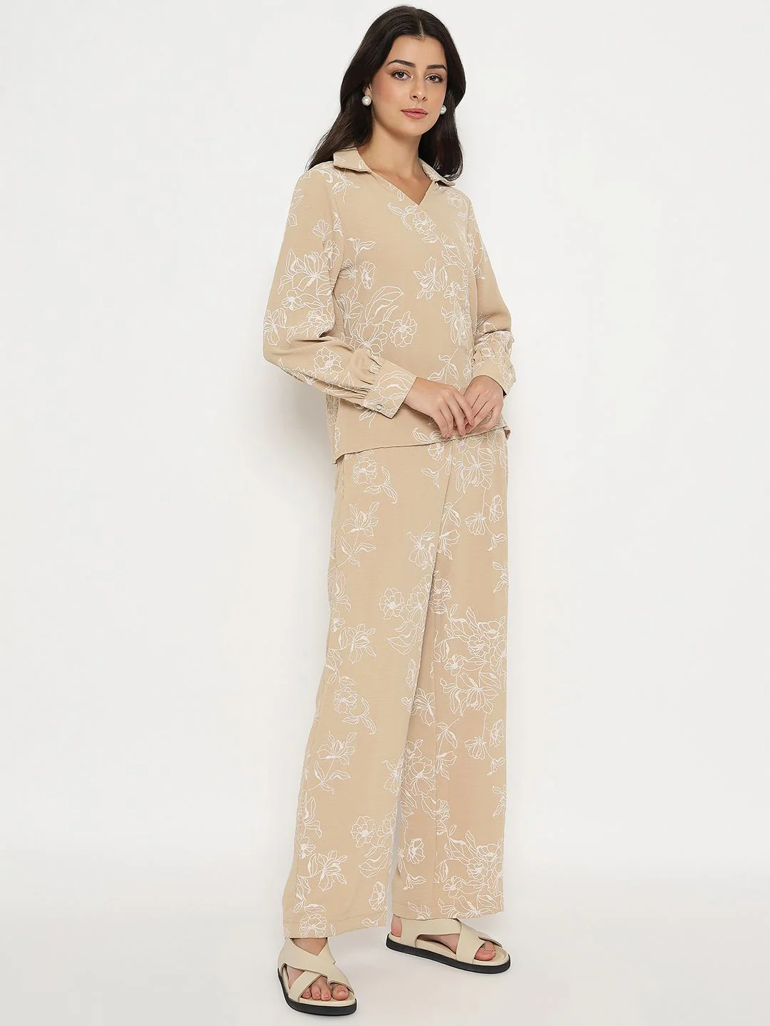 Madame Floral Print Top and Bottoms Beige Co-ord Set - Image 4