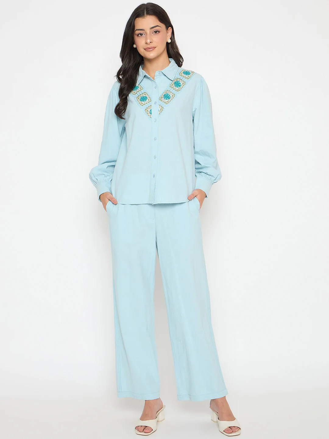 Madame Patchwork Detailed Shirt and Bottoms Blue Co-ord Set