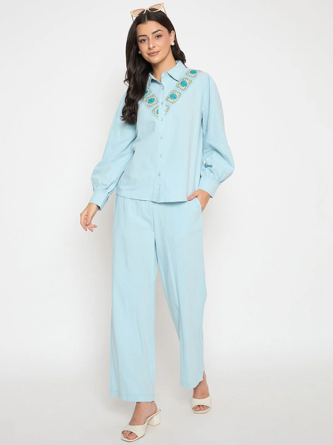 Madame Patchwork Detailed Shirt and Bottoms Blue Co-ord Set - Image 2