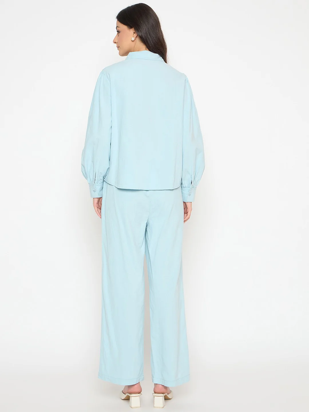Madame Patchwork Detailed Shirt and Bottoms Blue Co-ord Set - Image 6