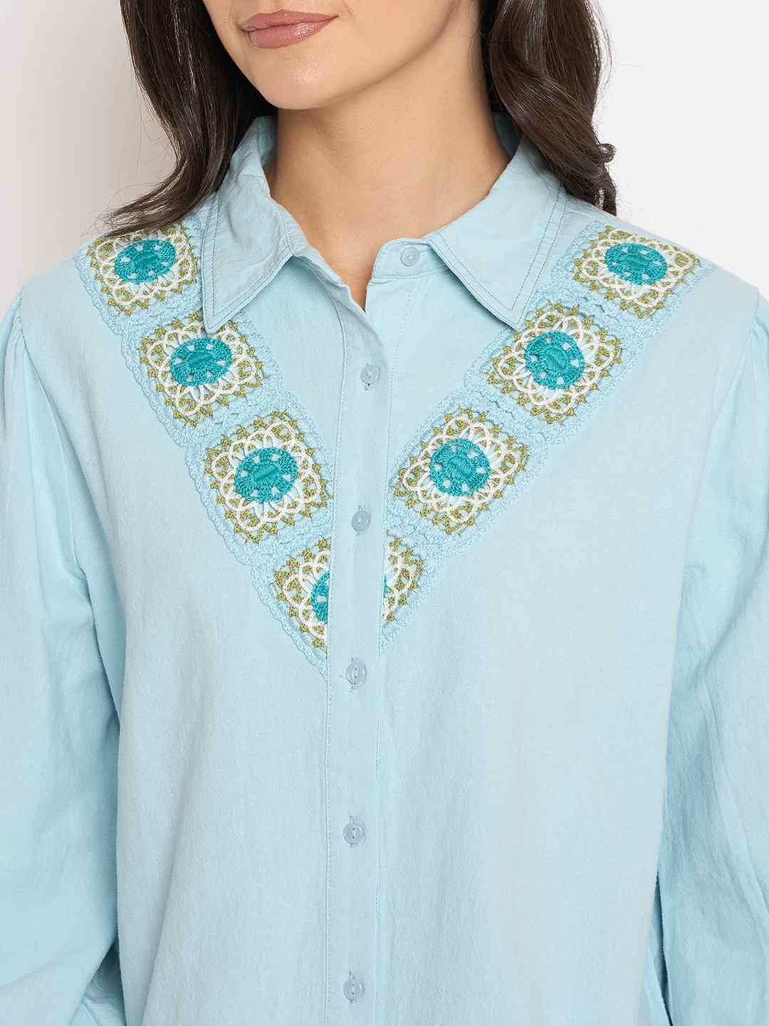 Madame Patchwork Detailed Shirt and Bottoms Blue Co-ord Set - Image 8