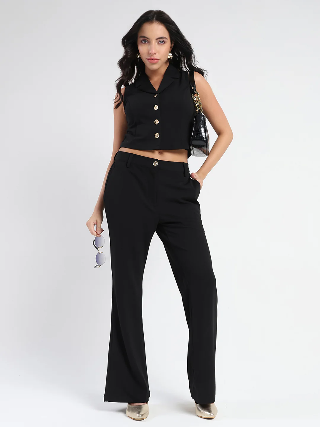 Madame Crop Top and Side Slit Trousers Knit Moss Black Co-ord Set