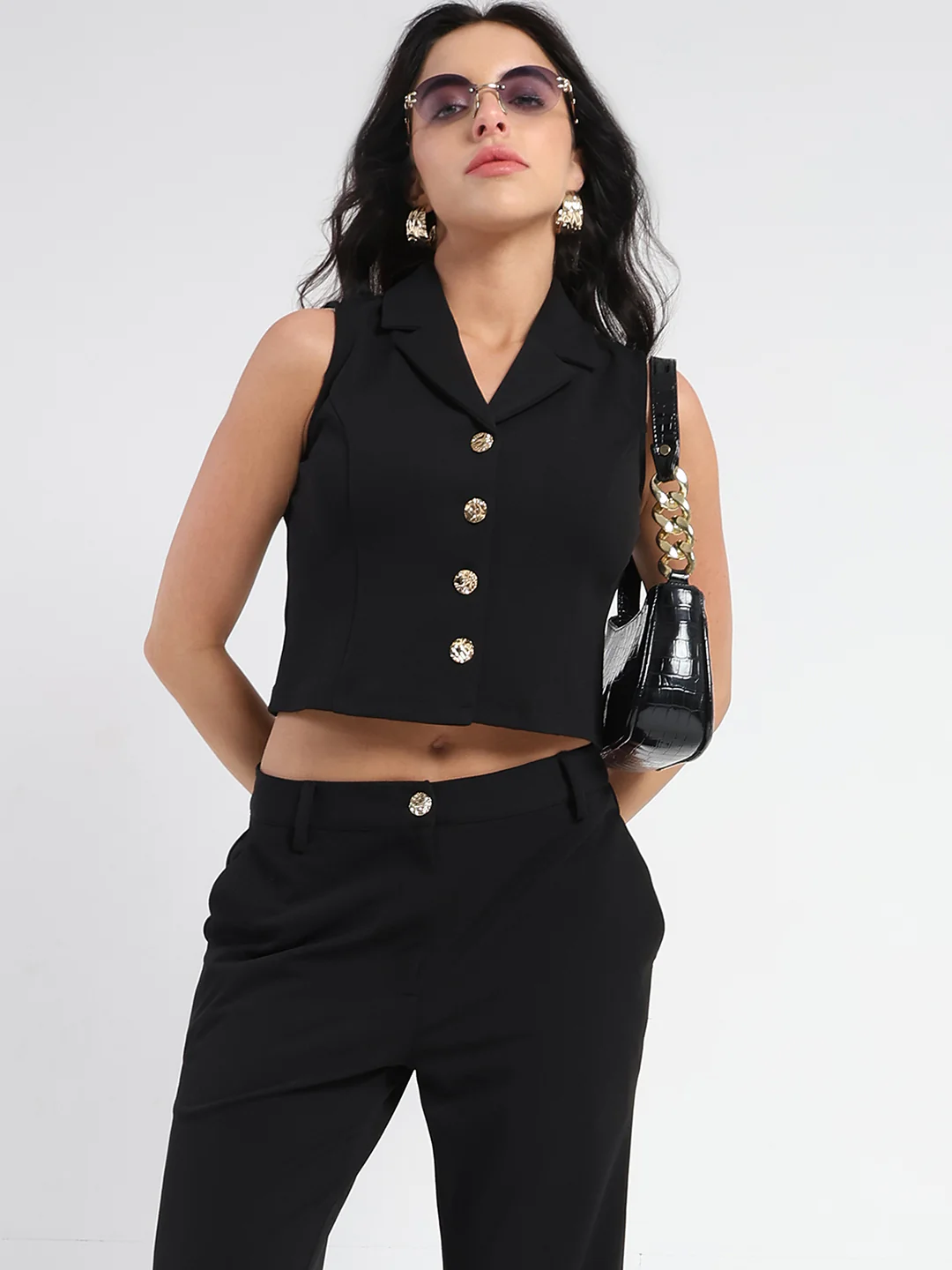 Madame Crop Top and Side Slit Trousers Knit Moss Black Co-ord Set - Image 2