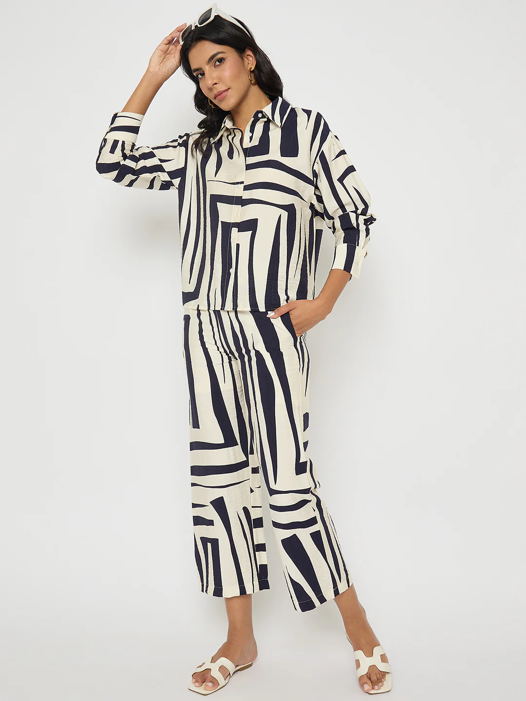 Madame Colorblock Top and Bottoms Rayon Blend Navy Blue Co-ord Set