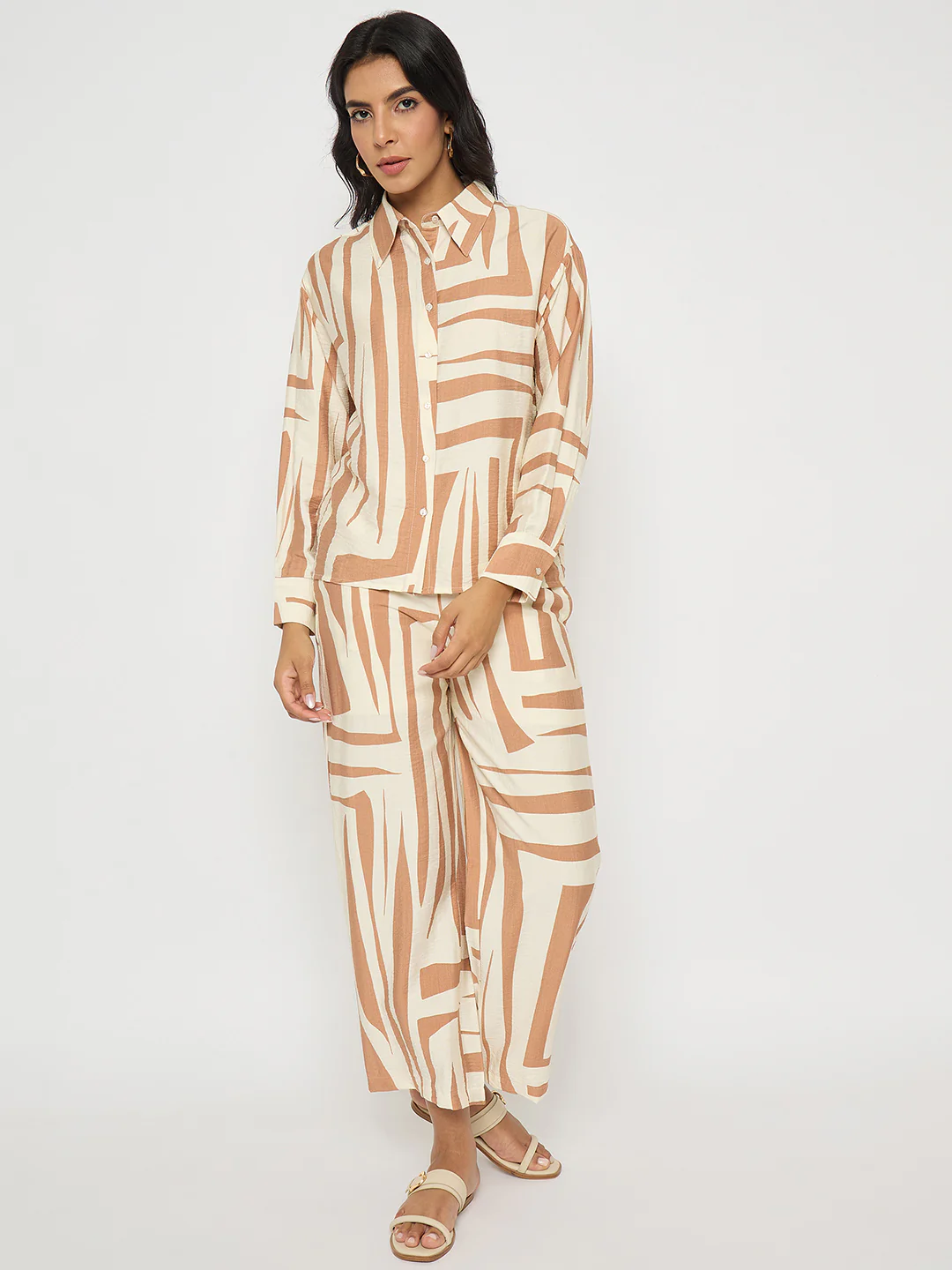 Madame Colorblock Top and Bottoms Rayon Blend Tan Brown Co-ord Set - Image 3