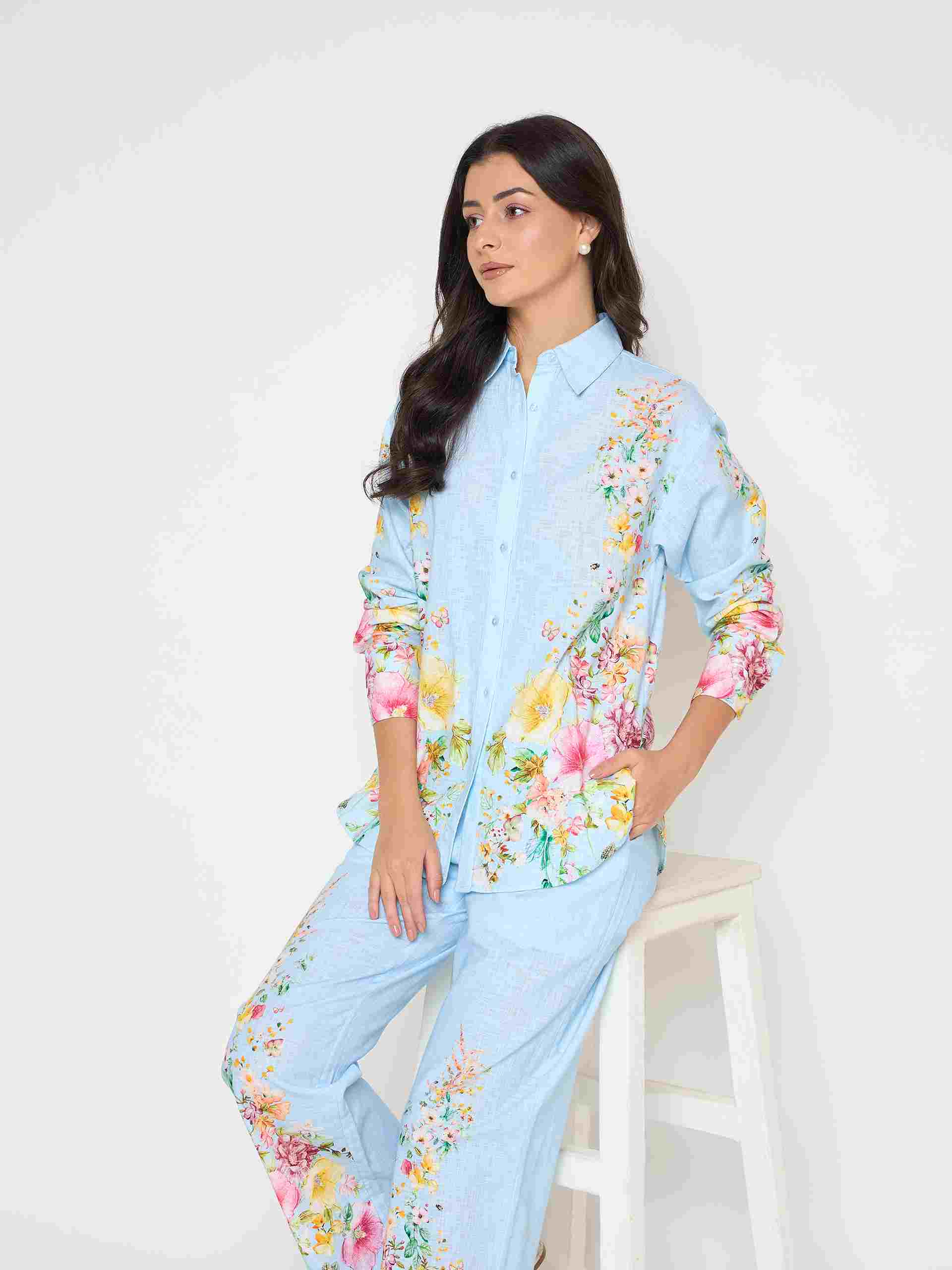 Madame Printed Shirt and Trousers Blue Cotton Co-ord Set - Image 2