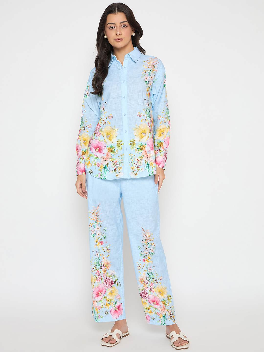 Madame Printed Shirt and Trousers Blue Cotton Co-ord Set - Image 3