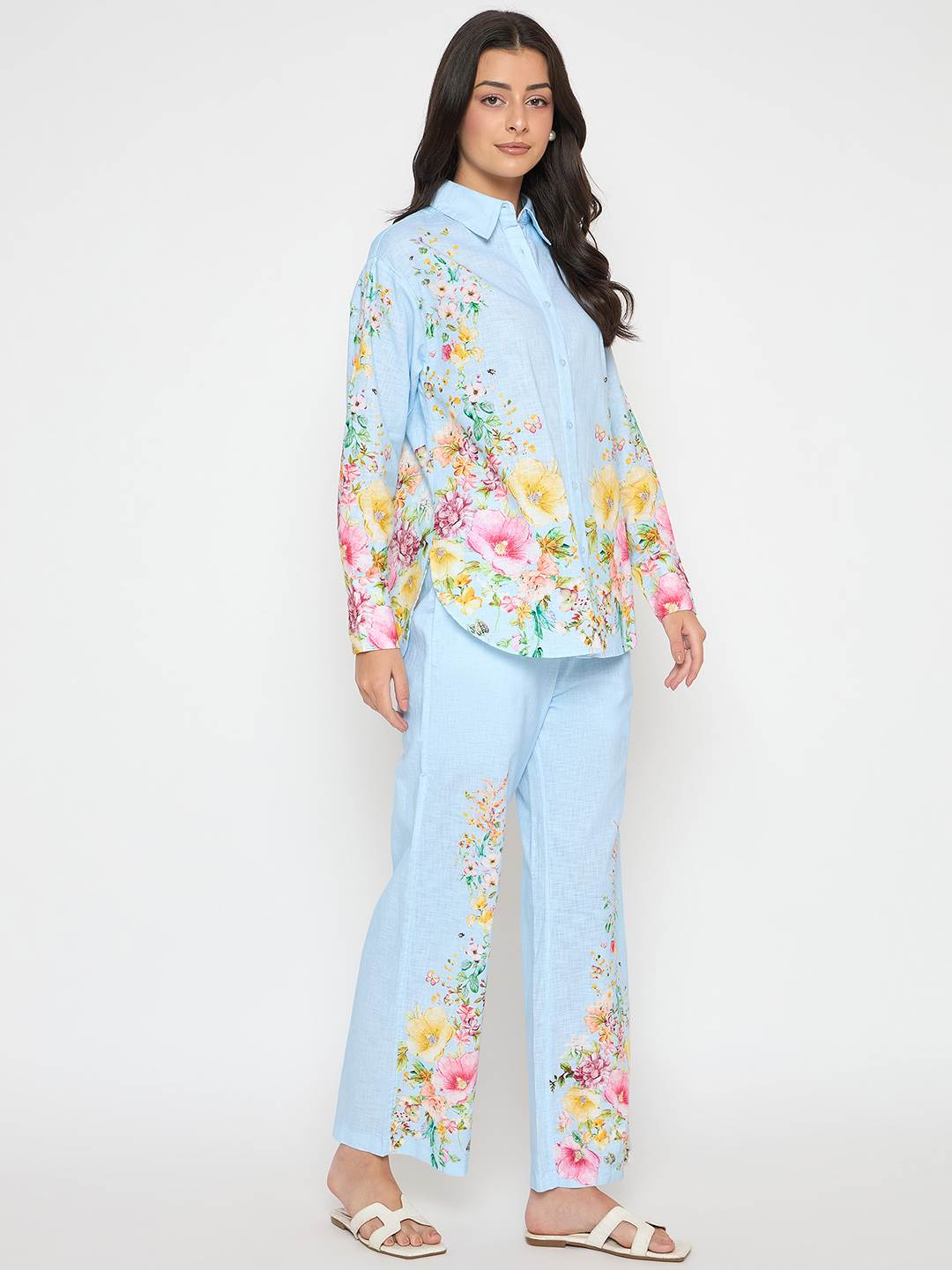 Madame Printed Shirt and Trousers Blue Cotton Co-ord Set - Image 4