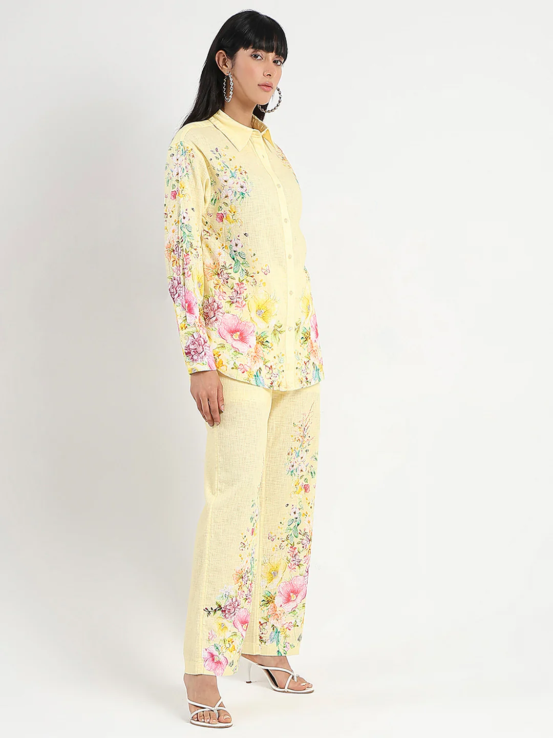 Madame Printed Shirt and Trousers Yellow Cotton Co-ord Set - Image 4