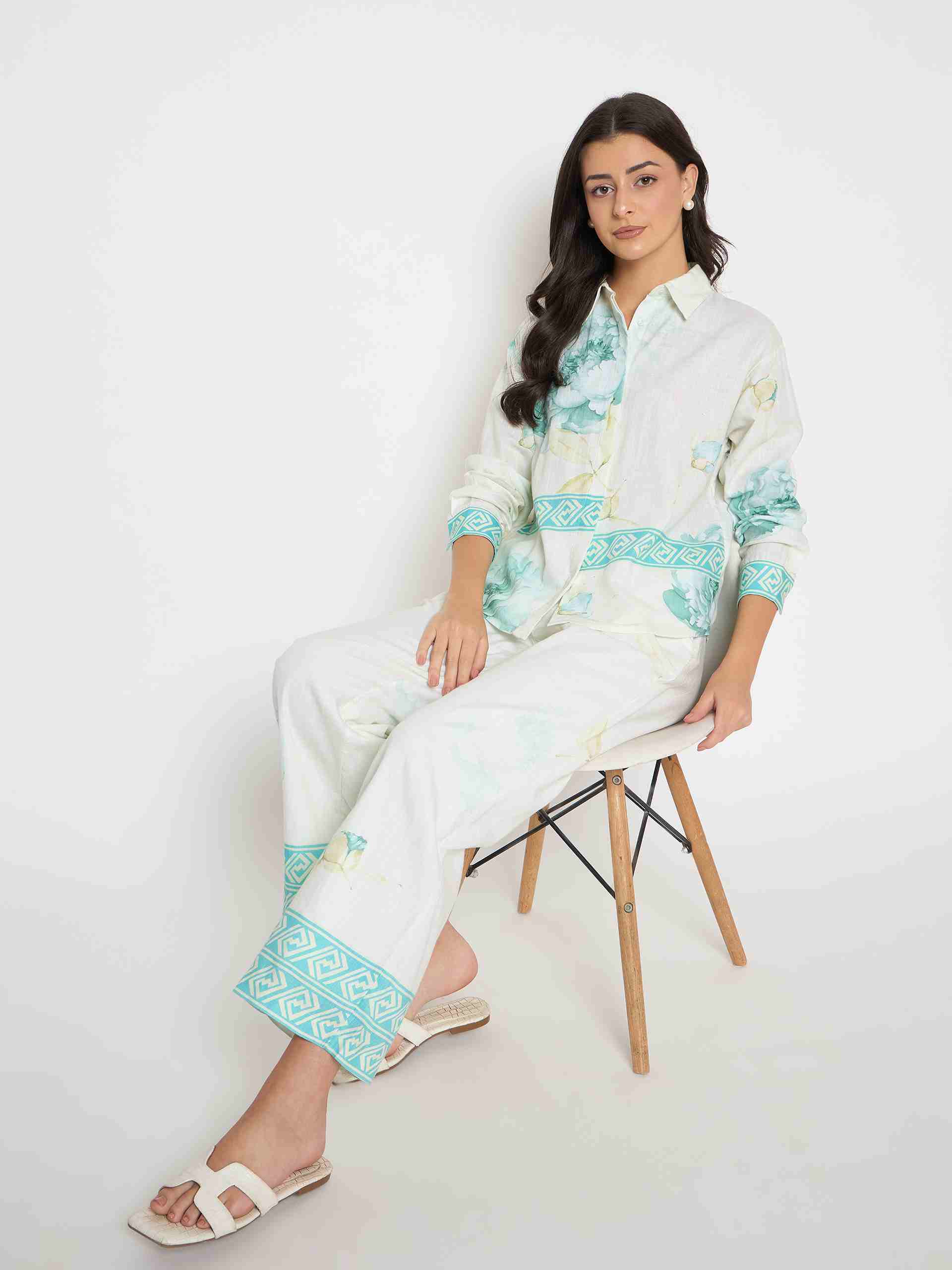 Madame Floral Print Top and Bottom Sea Green Cotton Co-ord Set - Image 2