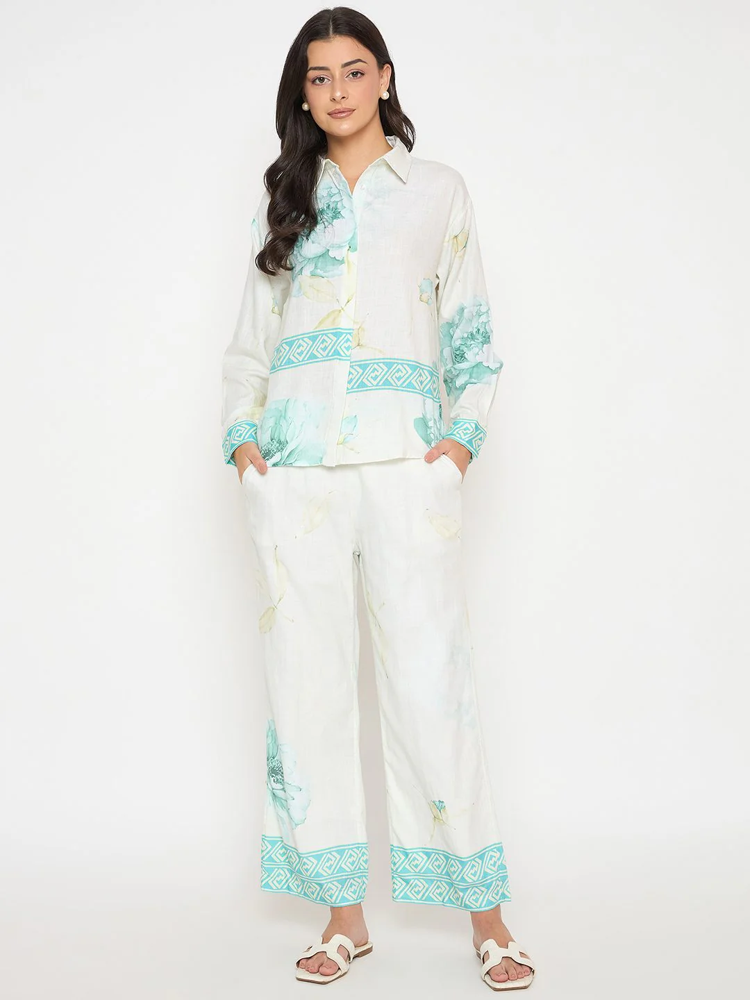 Madame Floral Print Top and Bottom Sea Green Cotton Co-ord Set - Image 3