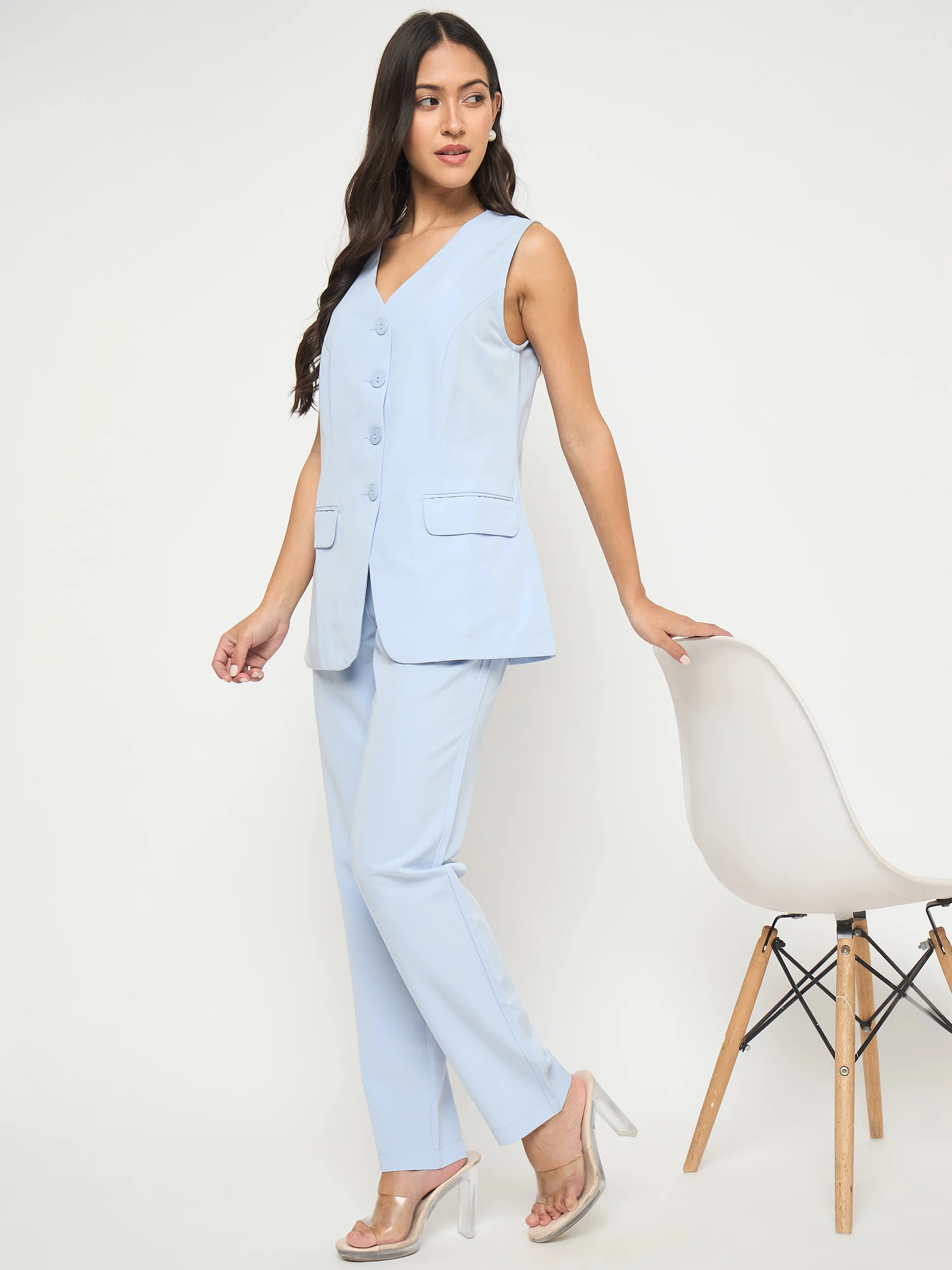 Madame Solid Sleeveless Top and Bottoms Blue Co-ord Set - Image 2