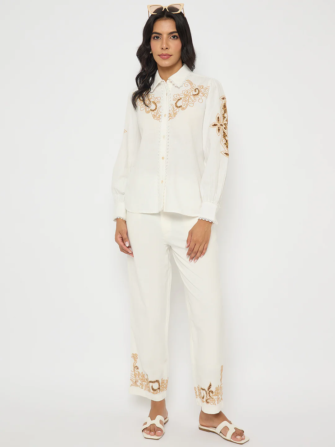 Madame Dori Embroidered White Cotton Blend Co-ord Set