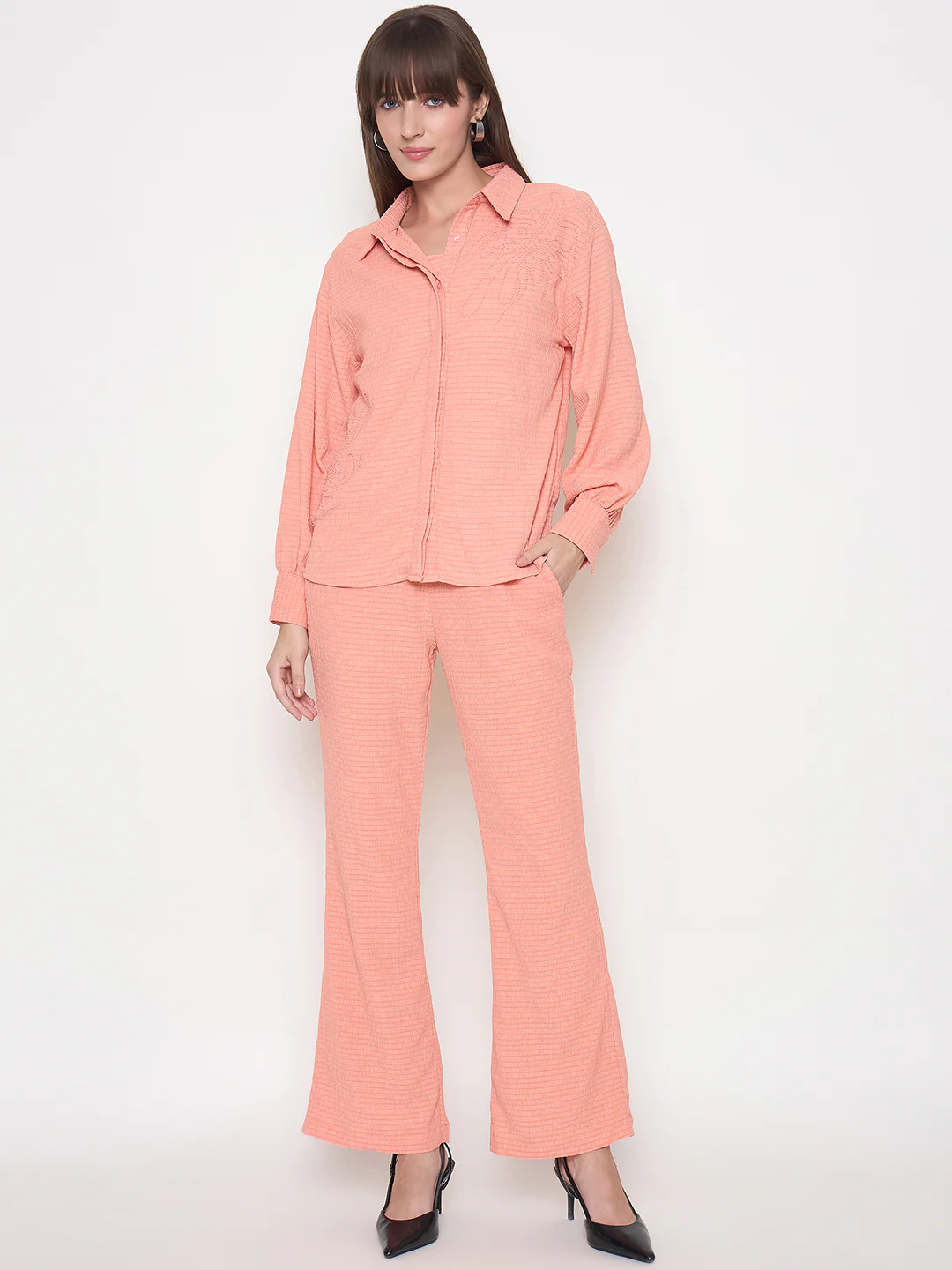 Madame Embroidered Shirt with Crop Tank and Wide-Leg Pants Three Piece Orange Co-ord Set - Image 3