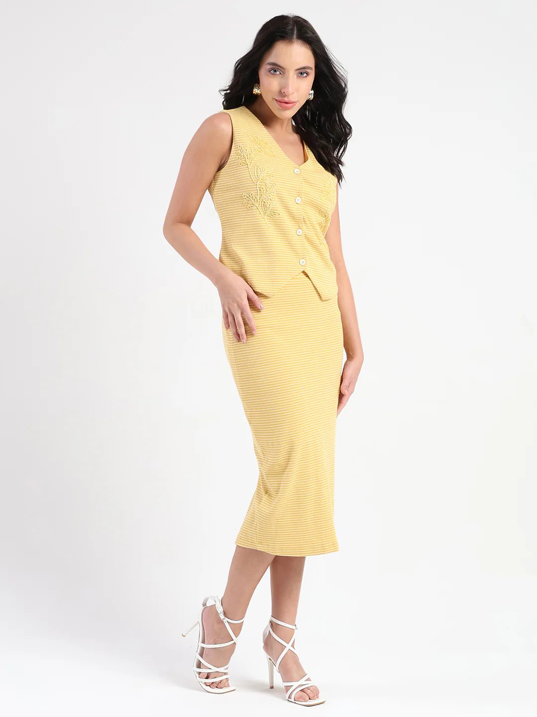 Madame Sleeveless Top and Skirt Striped Mustard Yellow Co-ord Set - Image 4