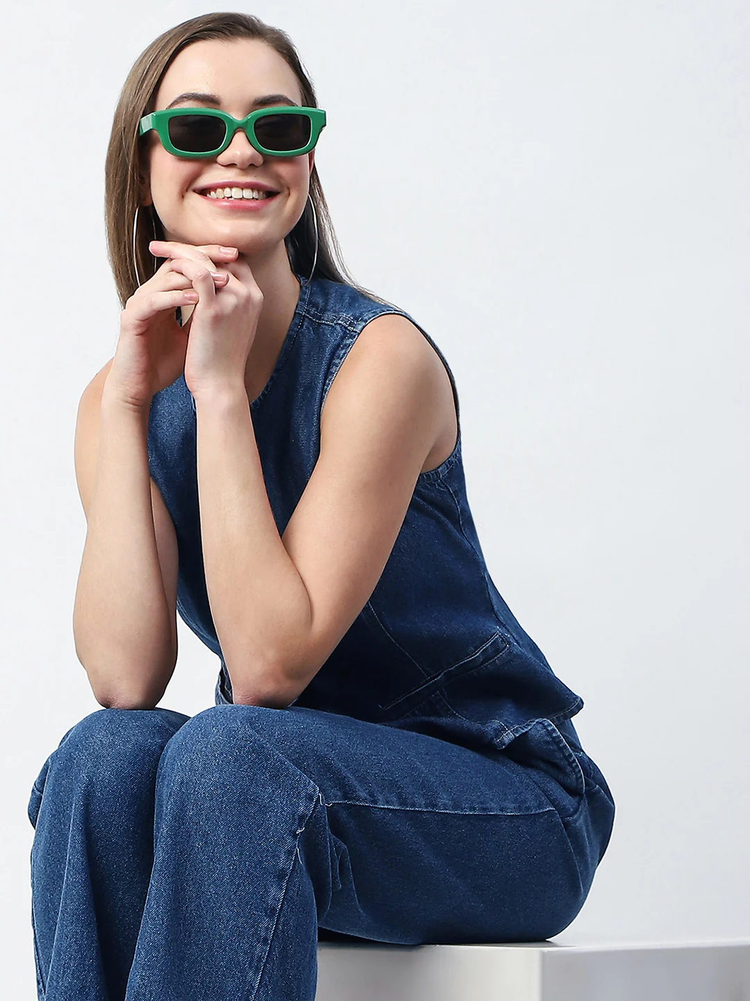Madame Pintuck Detailed Top and Straight Trousers Mid Blue Co-ord Set - Image 3