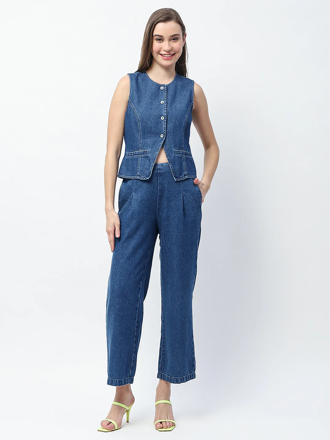 Madame Pintuck Detailed Top and Straight Trousers Mid Blue Co-ord Set - Image 4