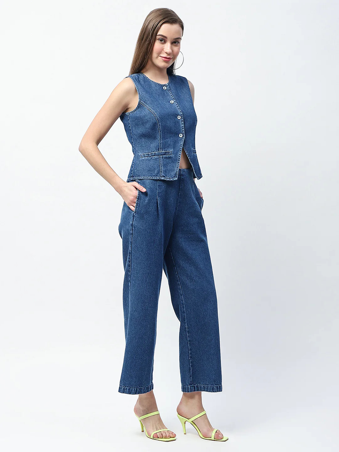 Madame Pintuck Detailed Top and Straight Trousers Mid Blue Co-ord Set - Image 5